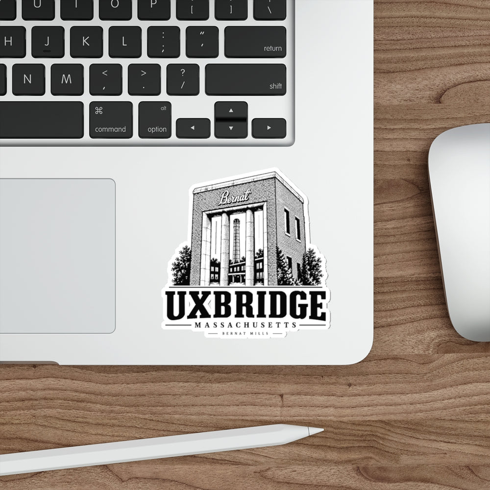 Uxbridge Bernat Mill die-cut sticker applied to a laptop