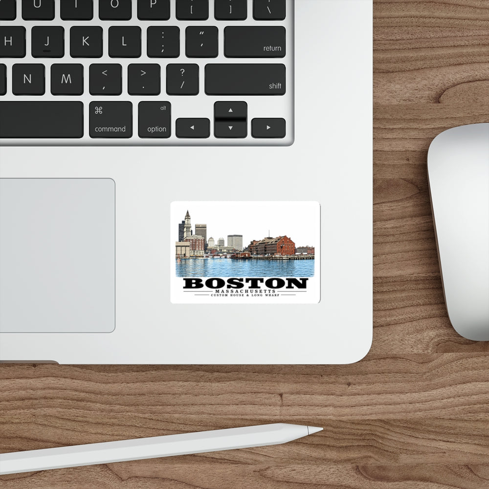 Custom House left to Long Wharf right 4 in White Die-Cut Sticker - Boston Harbor