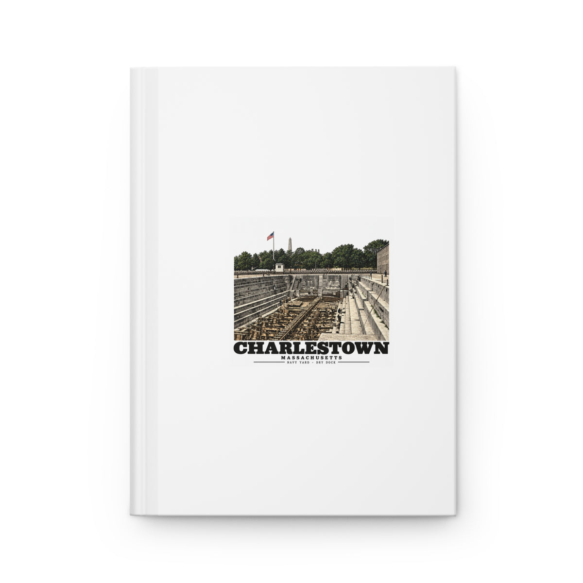 Front of matte hardcover journal with dry-dock artwork and Charlestown lettering