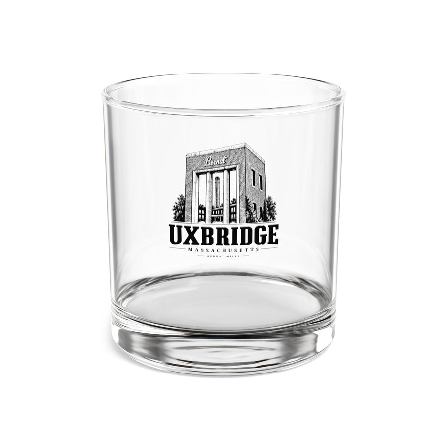 10 oz rocks glass with Uxbridge Bernat Mill design, front view