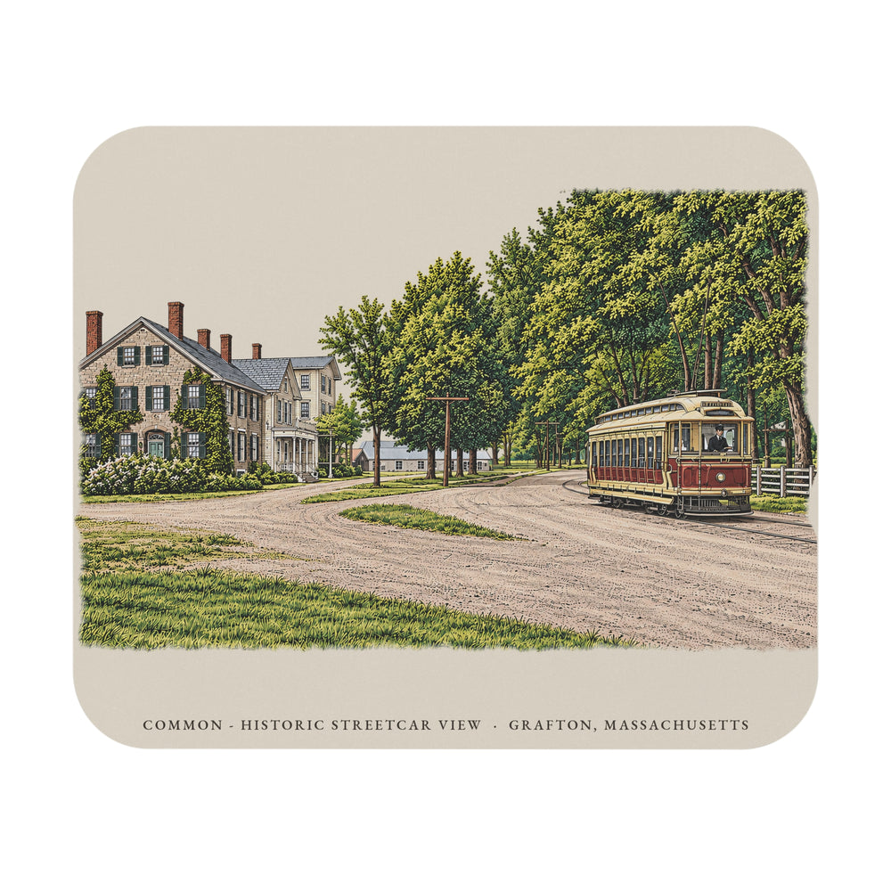 Grafton Common - Historic Streetcar View mouse pad mockup showing the full illustrated print