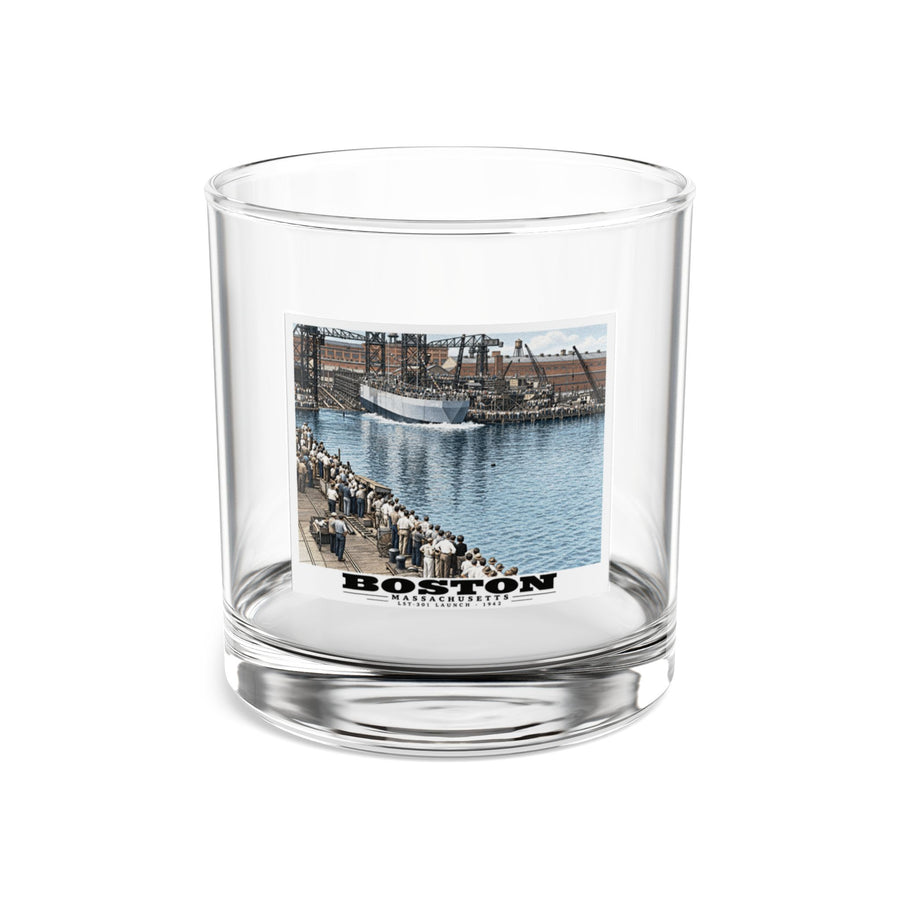 Illustrated LST-301 at Boston Navy Yard in Charlestown on rocks glass