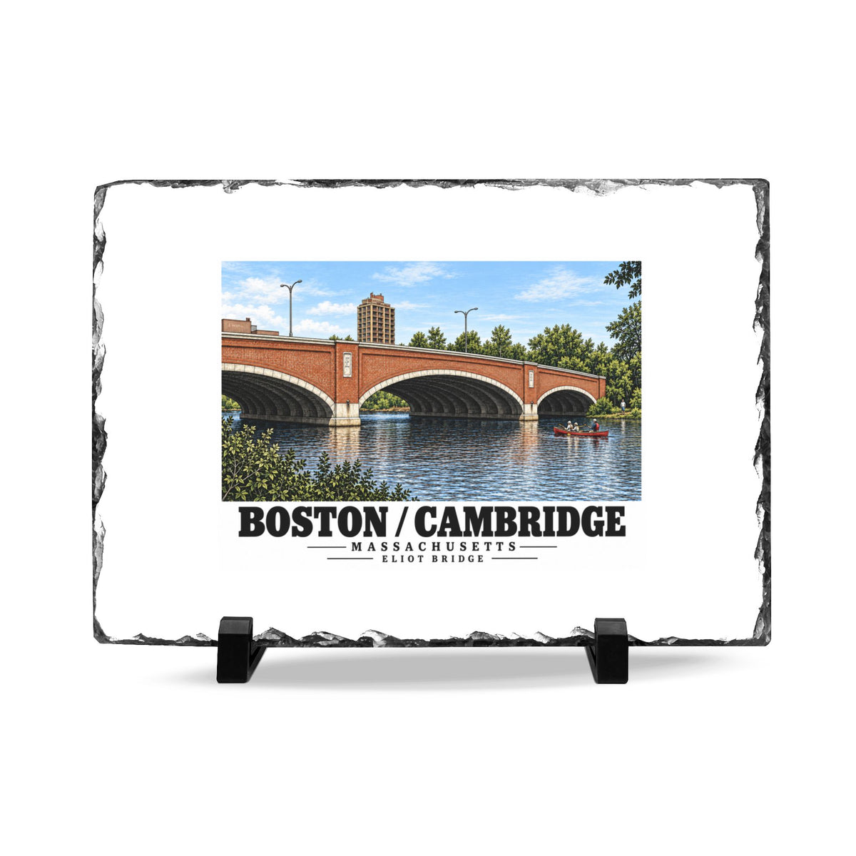 Rough-edged slate display on two black stands with Eliot Bridge red brick arches and boats artwork and Boston/Cambridge lettering