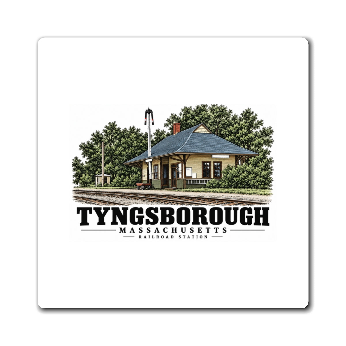 Front of Railroad Station square vinyl magnet, Tyngsborough, Massachusetts.