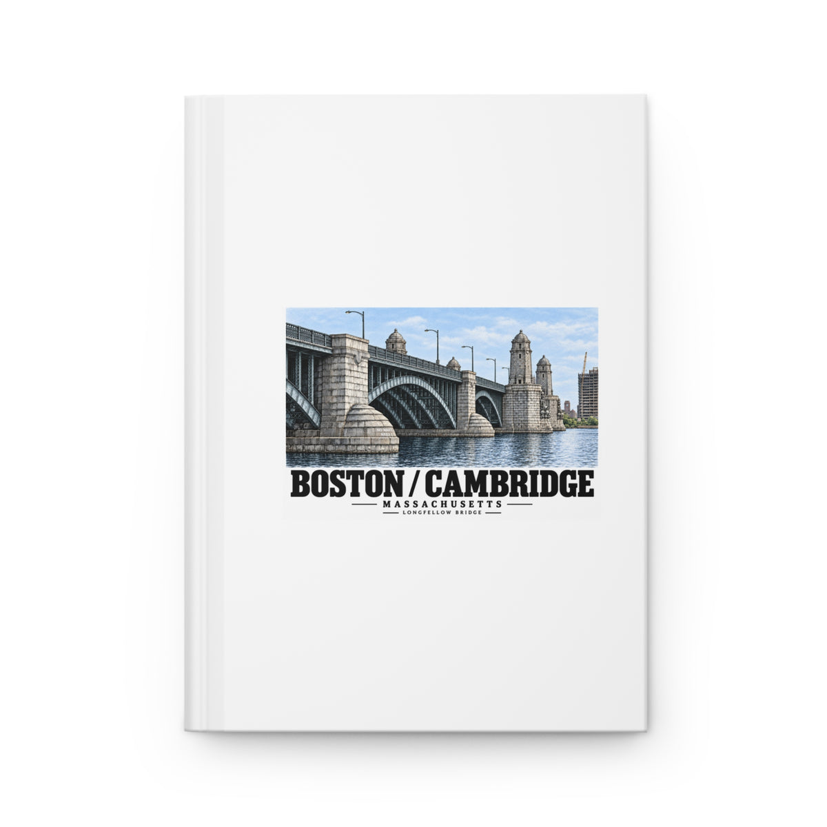 White hardcover journal front with Longfellow Bridge artwork and Boston/Cambridge lettering.
