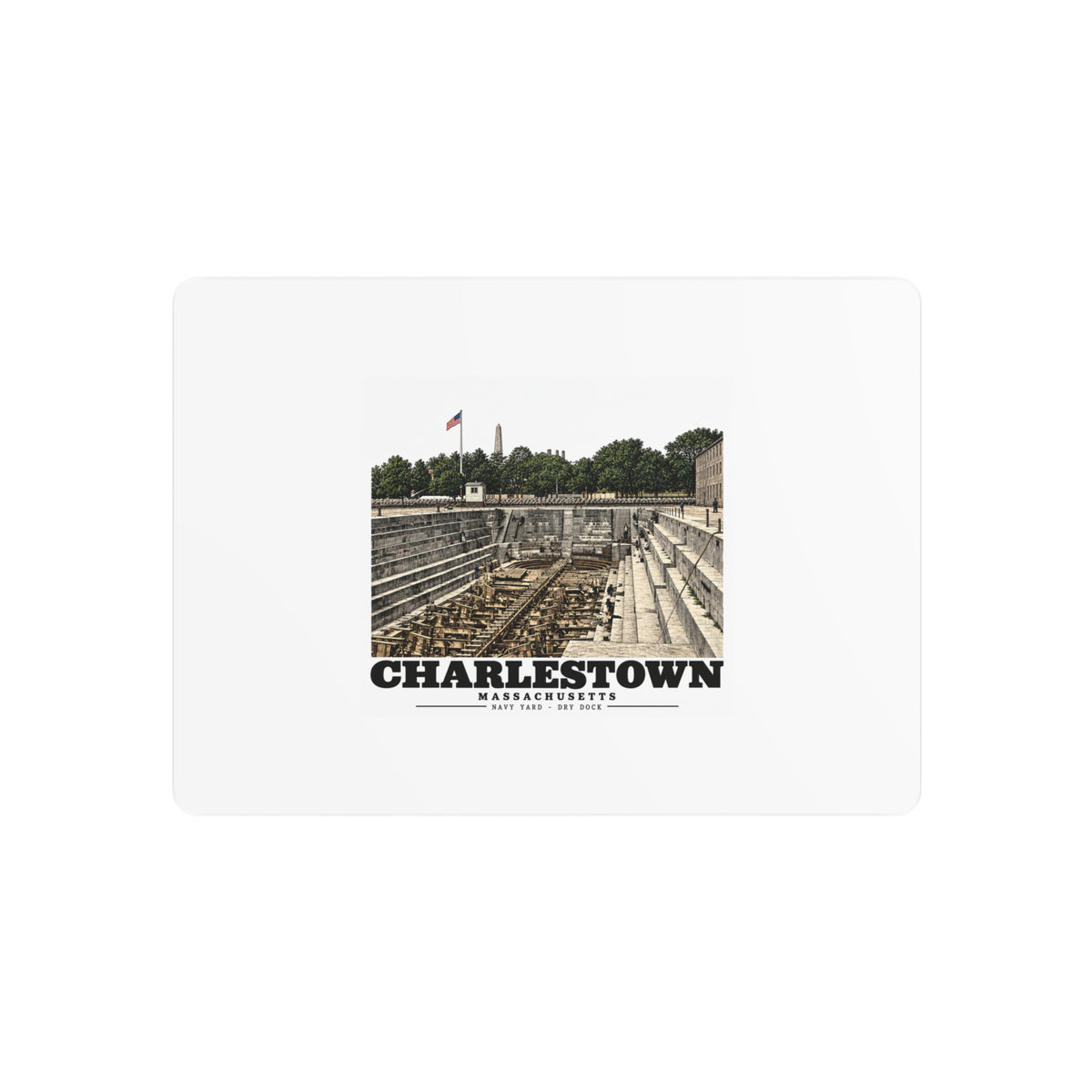 Front of 7 x 5 inch metal wall art with dry-dock artwork and Charlestown lettering