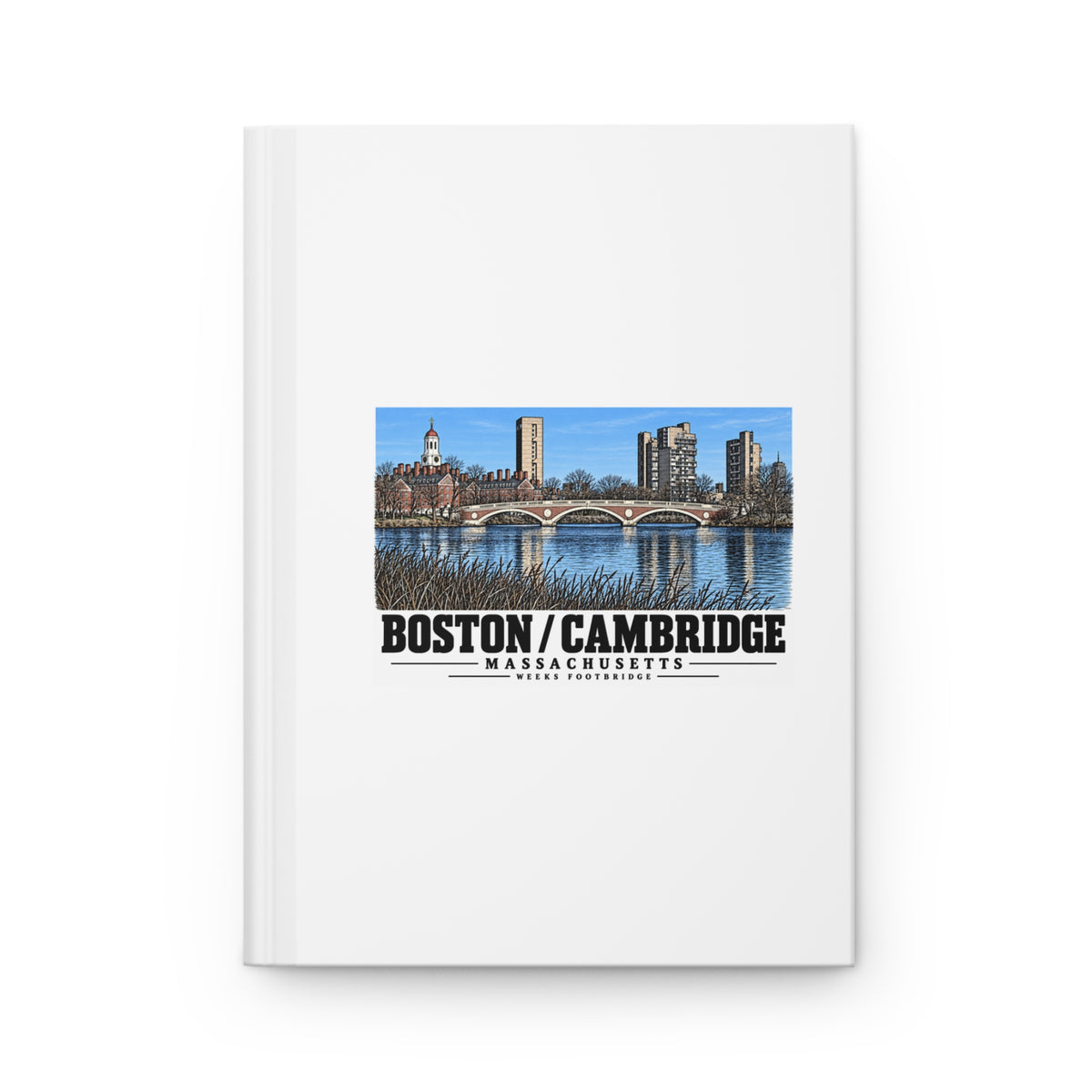 White hardcover journal with Weeks Footbridge stone arches and riverside towers artwork and Boston/Cambridge lettering