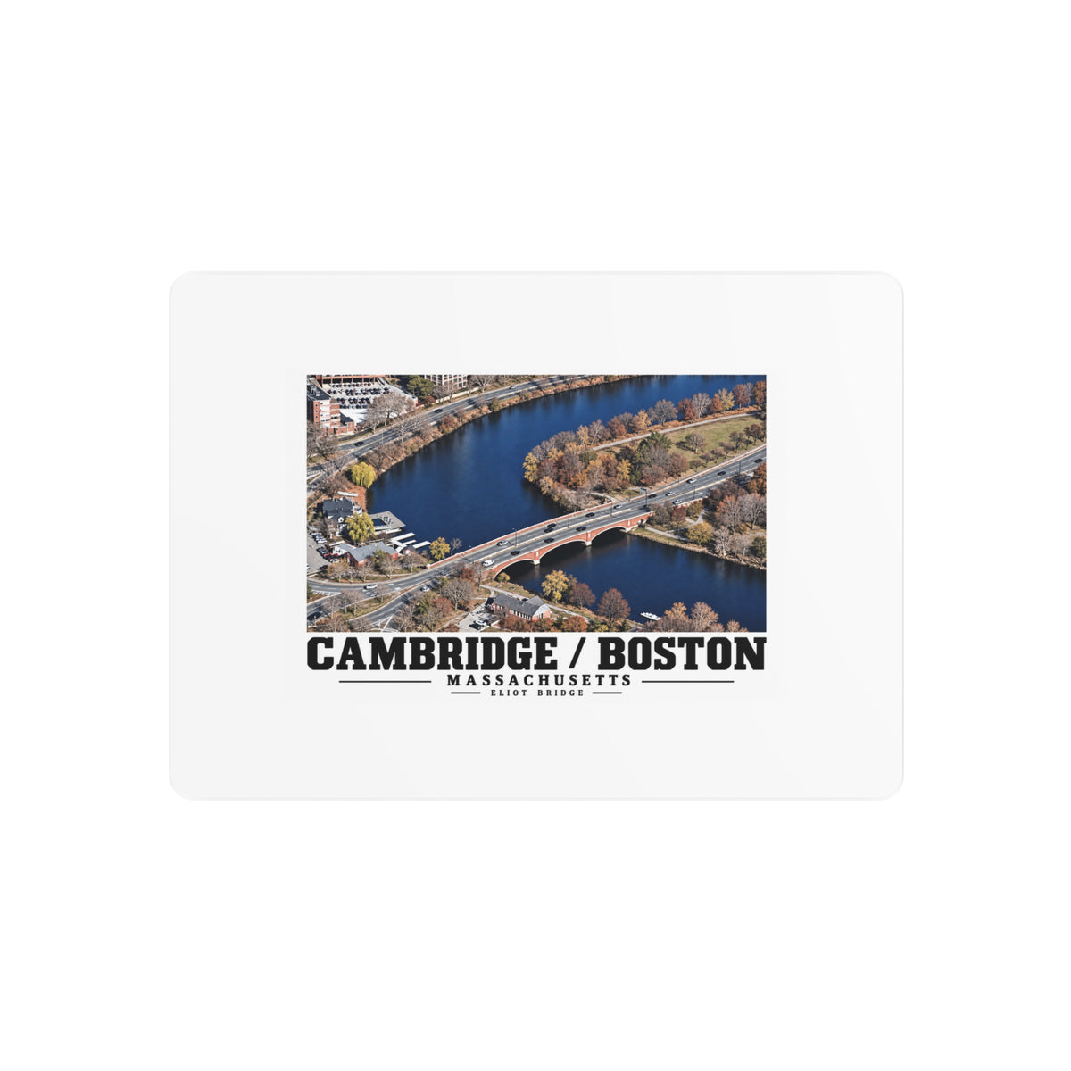 Metal wall print showing Eliot Bridge aerial river view artwork and Cambridge/Boston lettering