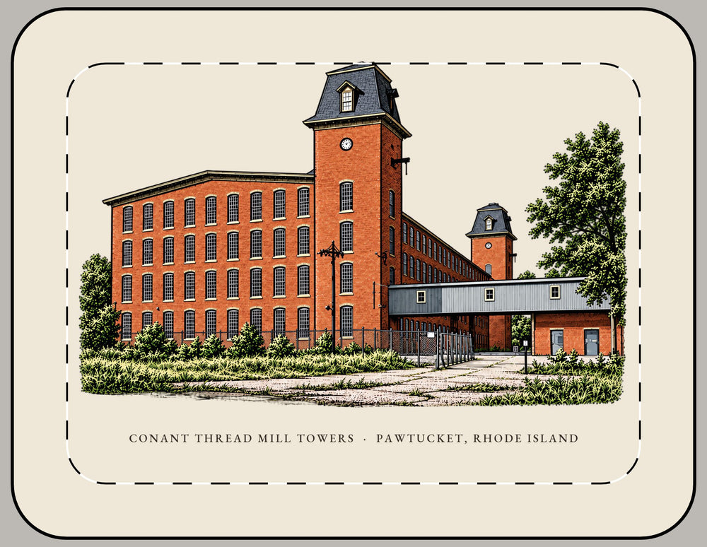 Pawtucket Conant Thread Mill Towers, Pawtucket Side 15-inch laptop sleeve mockup showing the full illustrated print