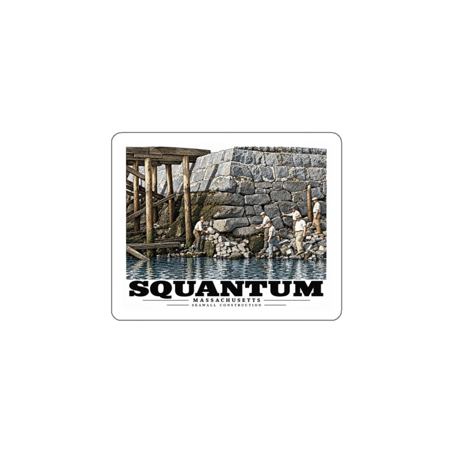 Repairing seawall near administration Building, Squantum 4 in White Die-Cut Sticker - Boston Harbor