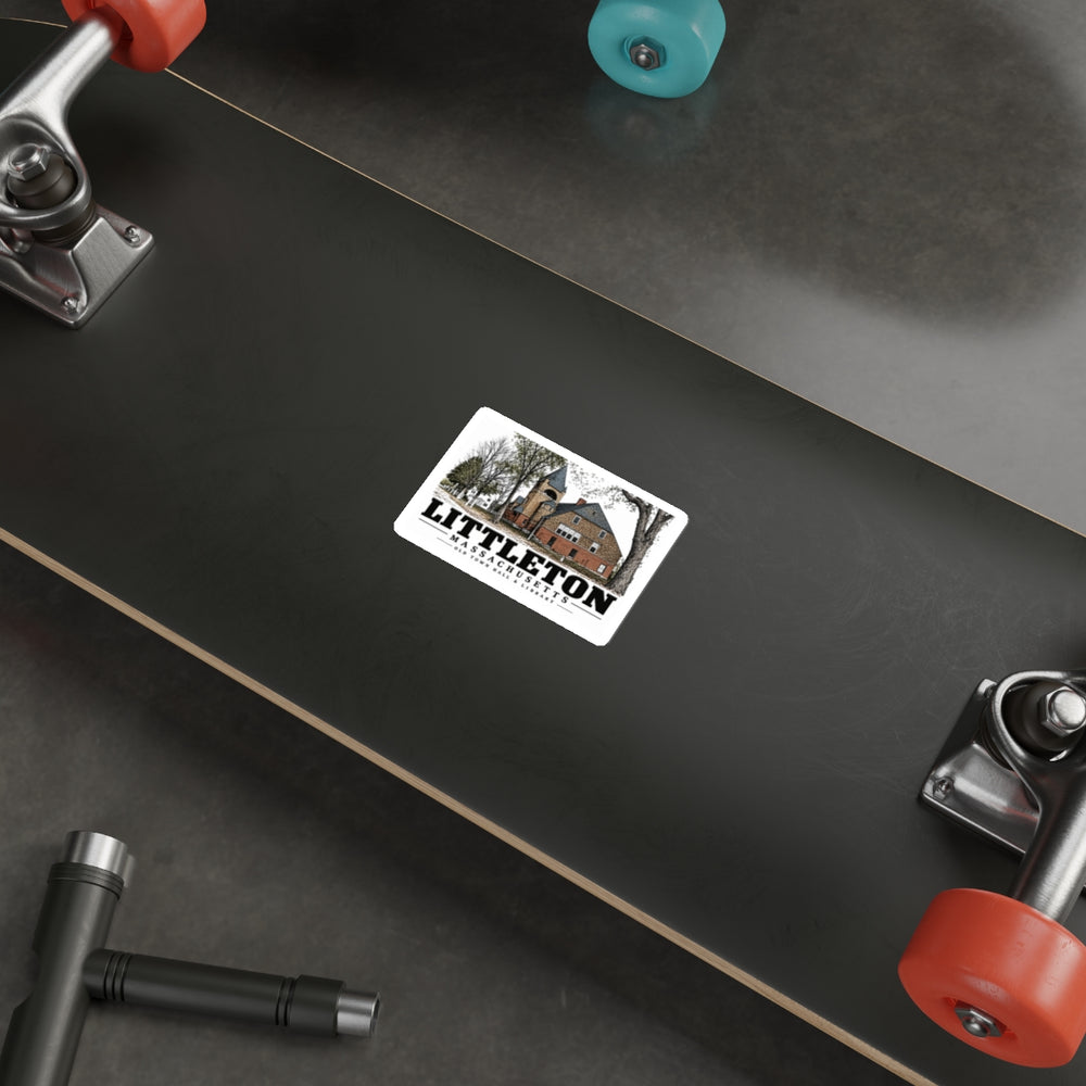 Illustrated Old Town Hall & Library in Littleton on die-cut sticker