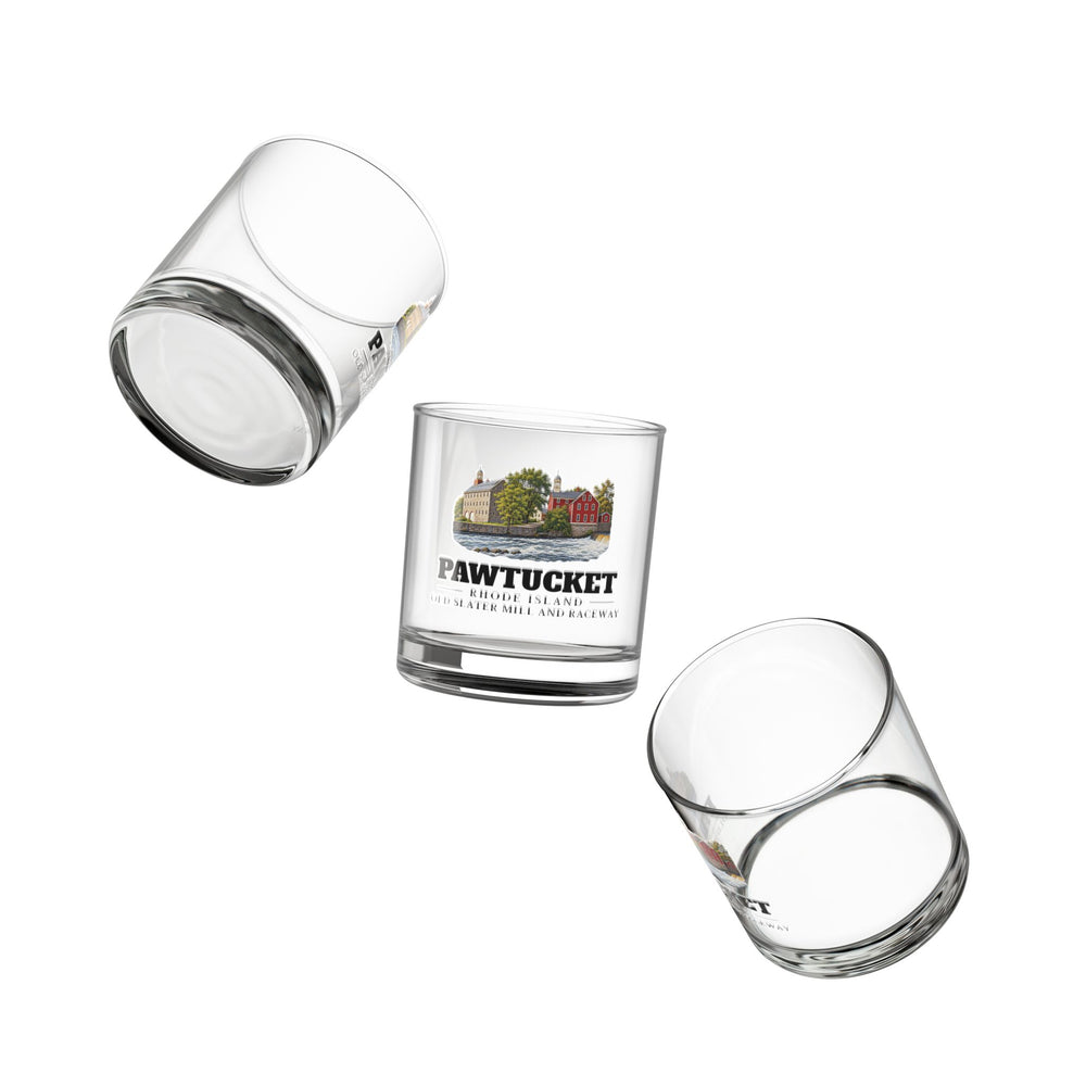 Angled view of Pawtucket Old Slater Mill and Raceway 10 oz Rocks Glass