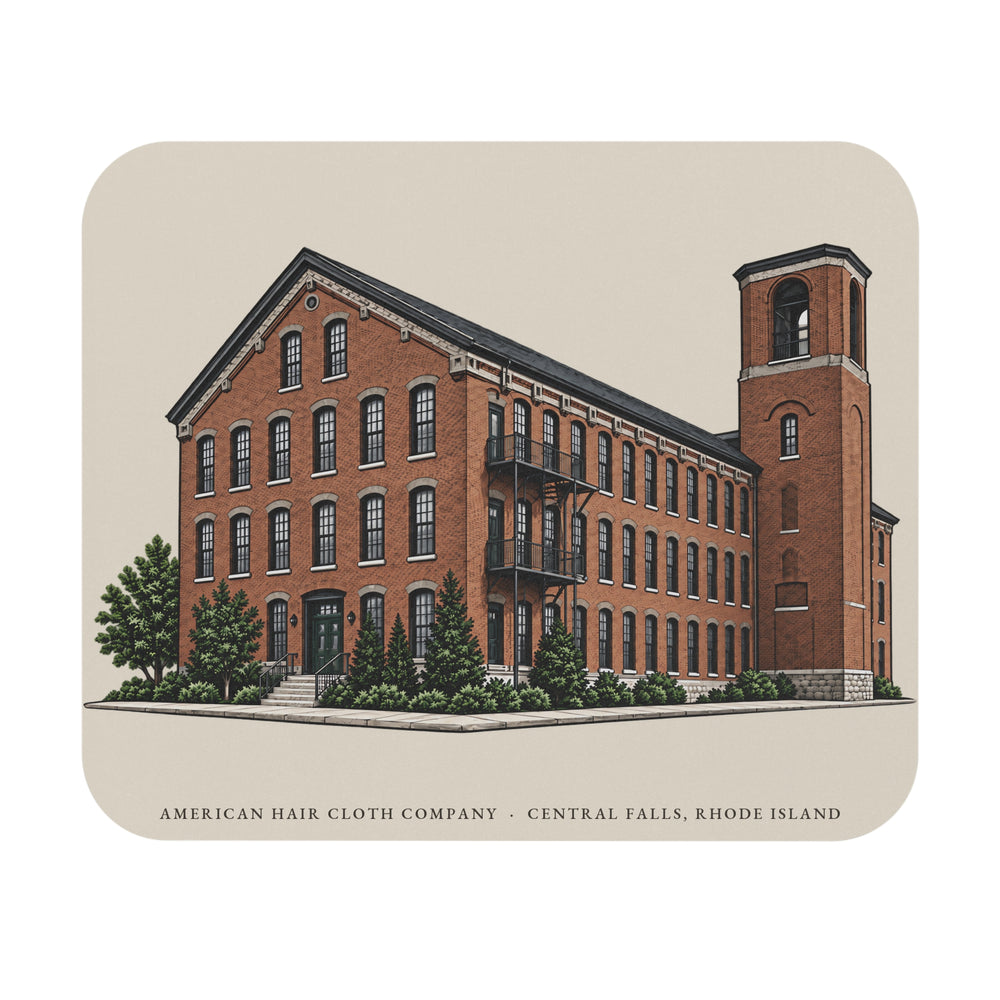 Central Falls American Hair Cloth Company mouse pad mockup showing the full illustrated print