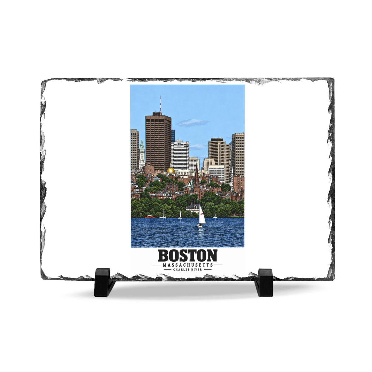 Illustrated View of Boston, Massachusetts, from the Charles River in Boston and Cambridge on slate desk plaque