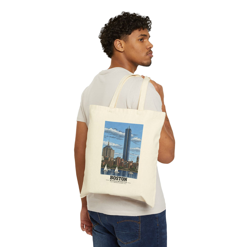 Illustrated Boston, Massachusetts, from the Charles River in Boston and Cambridge on cotton canvas tote — natural canvas