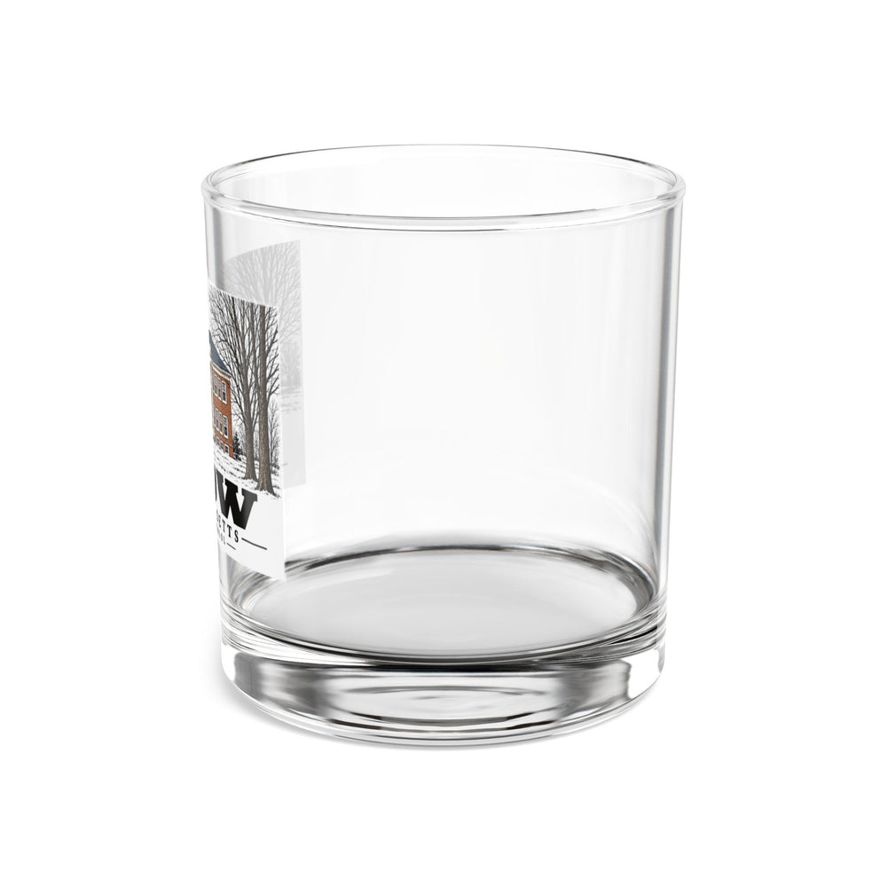 Illustrated New Union School in Stow on rocks glass