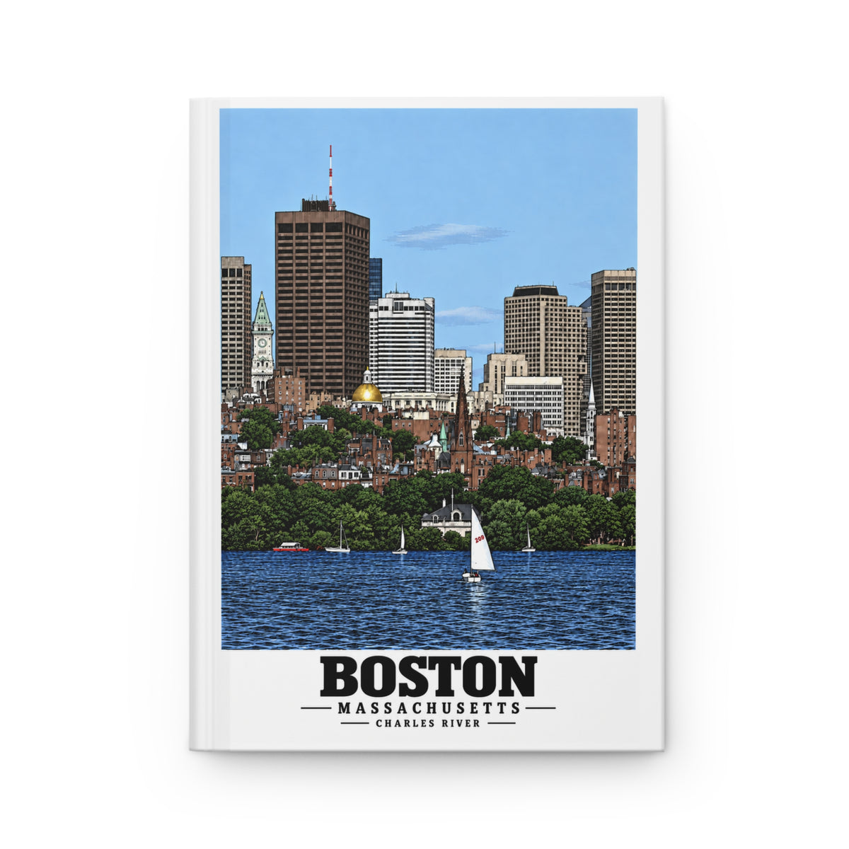 Illustrated View of Boston, Massachusetts, from the Charles River in Boston and Cambridge on matte hardcover journal