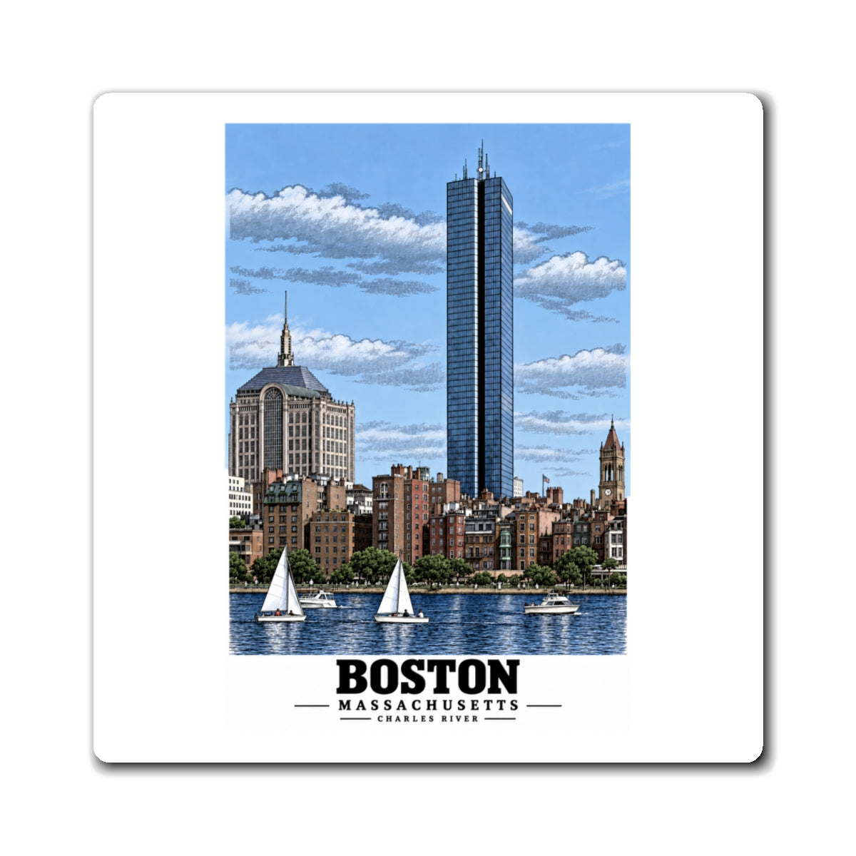 Illustrated Boston, Massachusetts, from the Charles River in Boston and Cambridge on square magnet