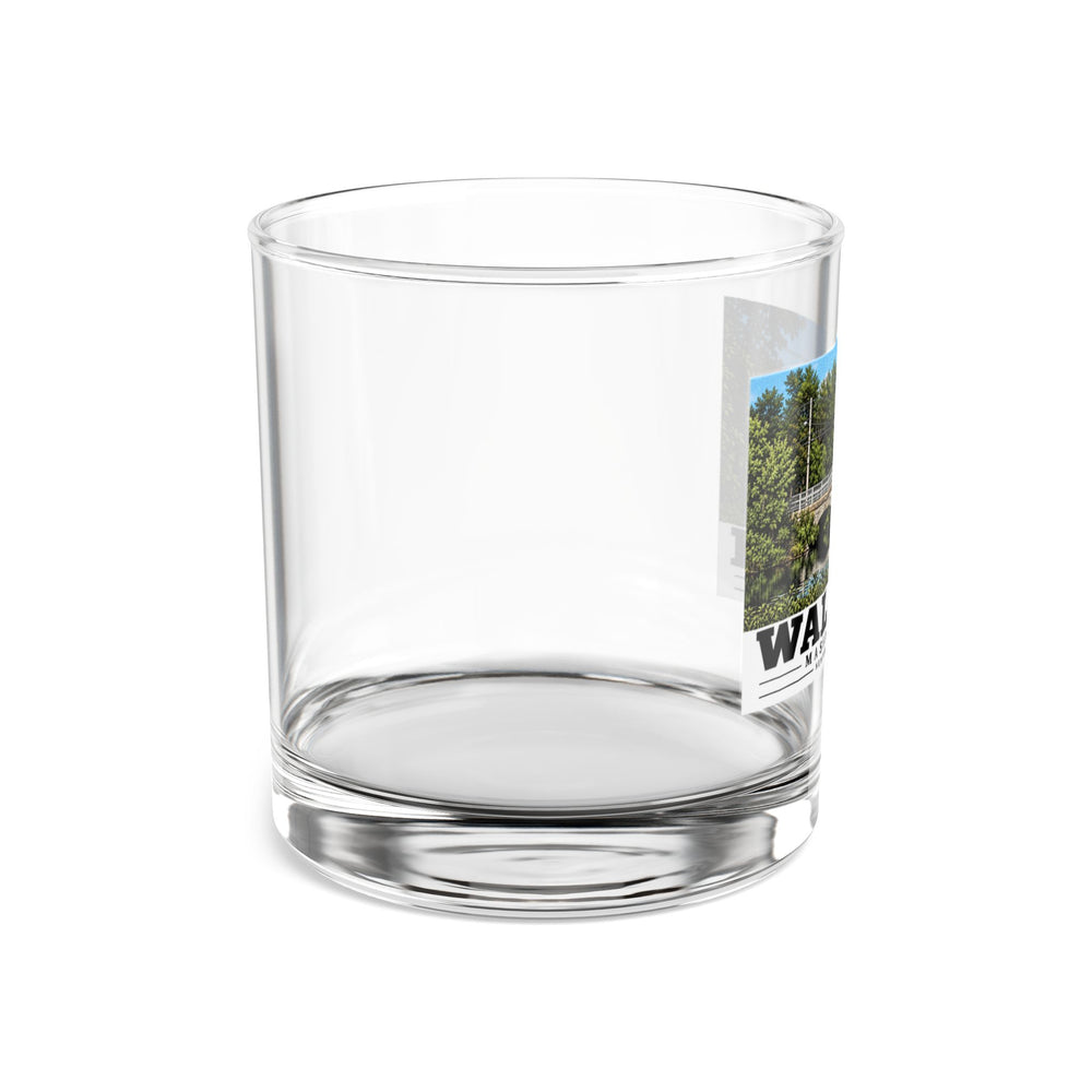 Right-side view of the clear rocks glass with Newton Street Bridge artwork partly visible.