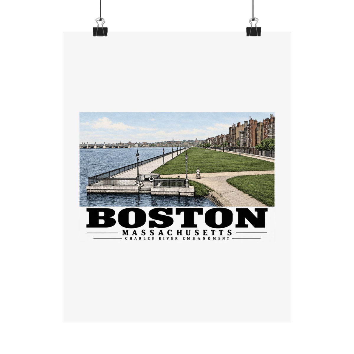 Charles River Embankment riverside path, lawn and buildings poster with Boston lettering hanging from two binder clips