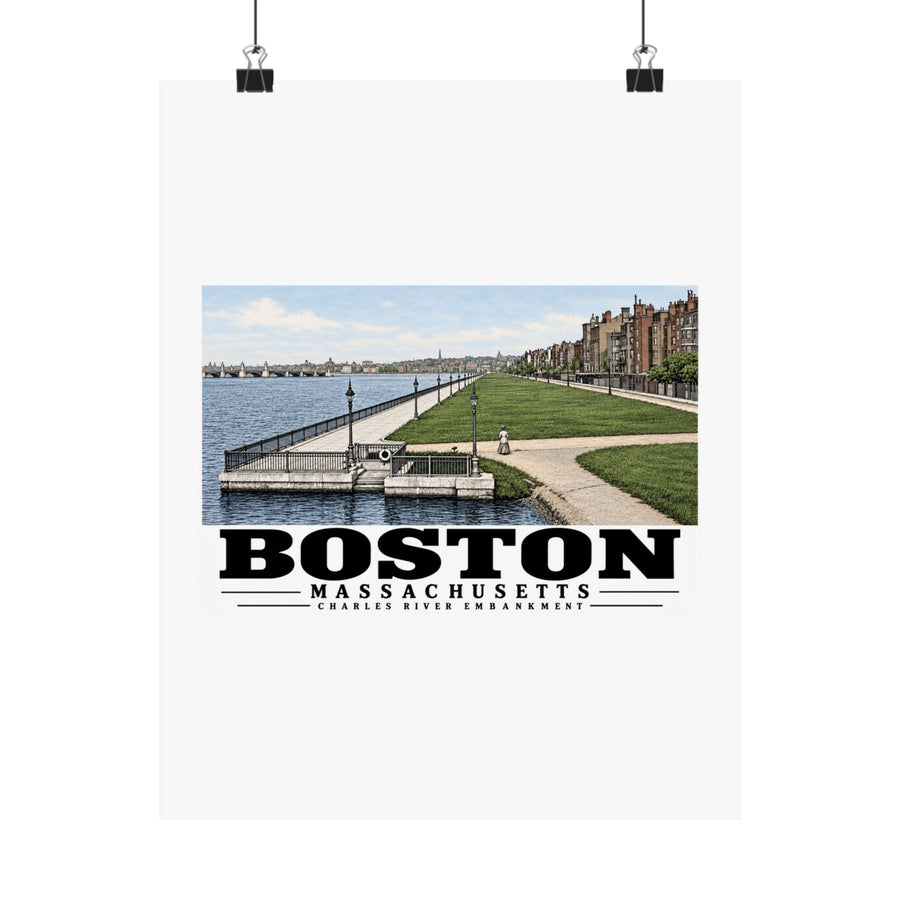 Charles River Embankment riverside path, lawn and buildings poster with Boston lettering hanging from two binder clips