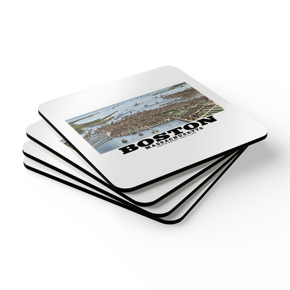 Stack of square coasters with historic Boston harbor panorama with boats and waterfront buildings artwork visible on the top coaster