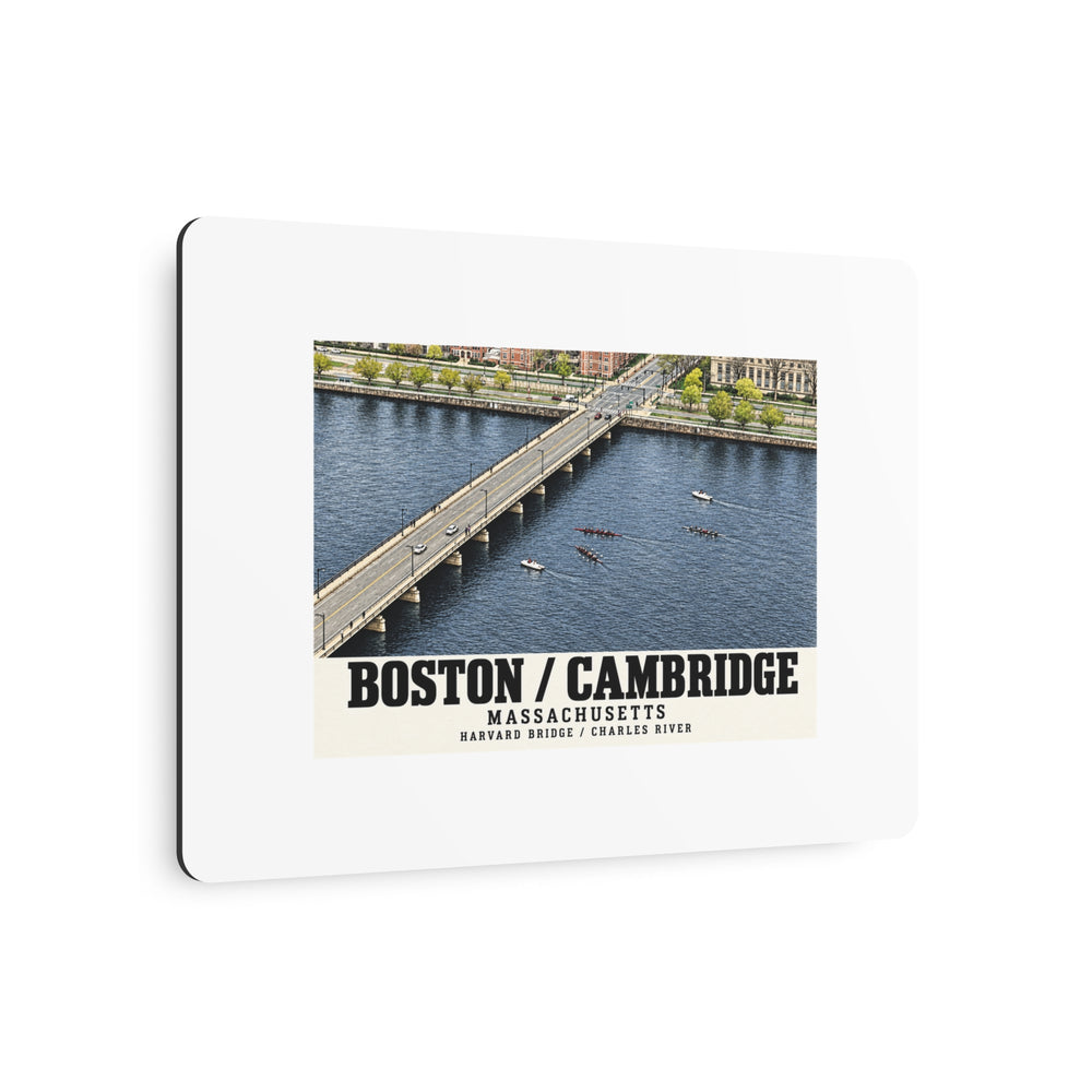Angled view of Harvard Bridge aerial view with scullers on the Charles River metal print with its dark edge visible
