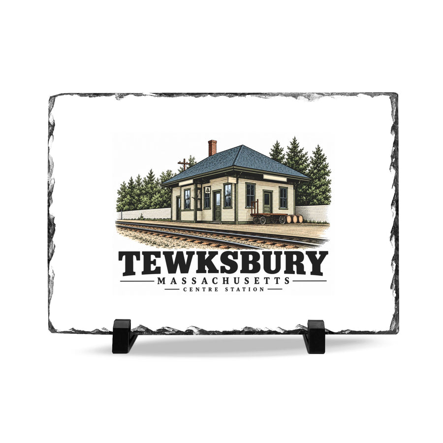 Illustrated Tewksbury Centre railroad station in Tewksbury on slate desk plaque