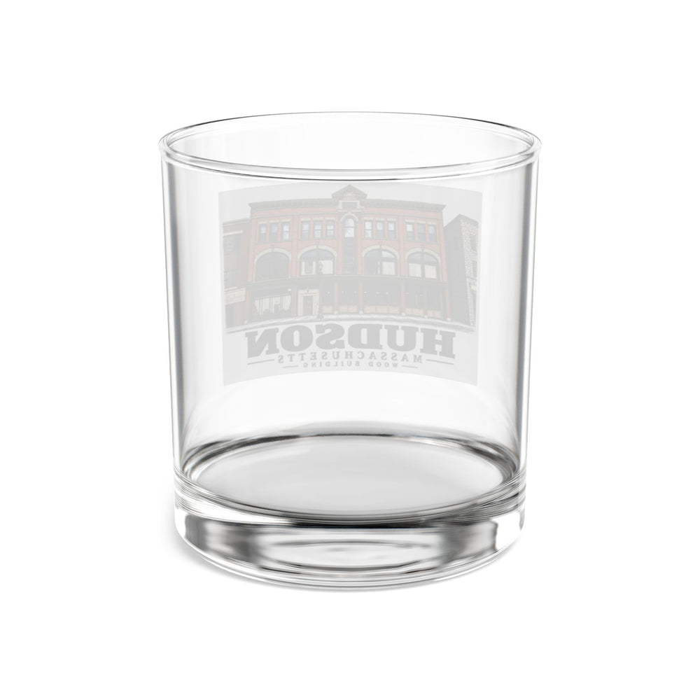 Illustrated Wood Building in Hudson on rocks glass