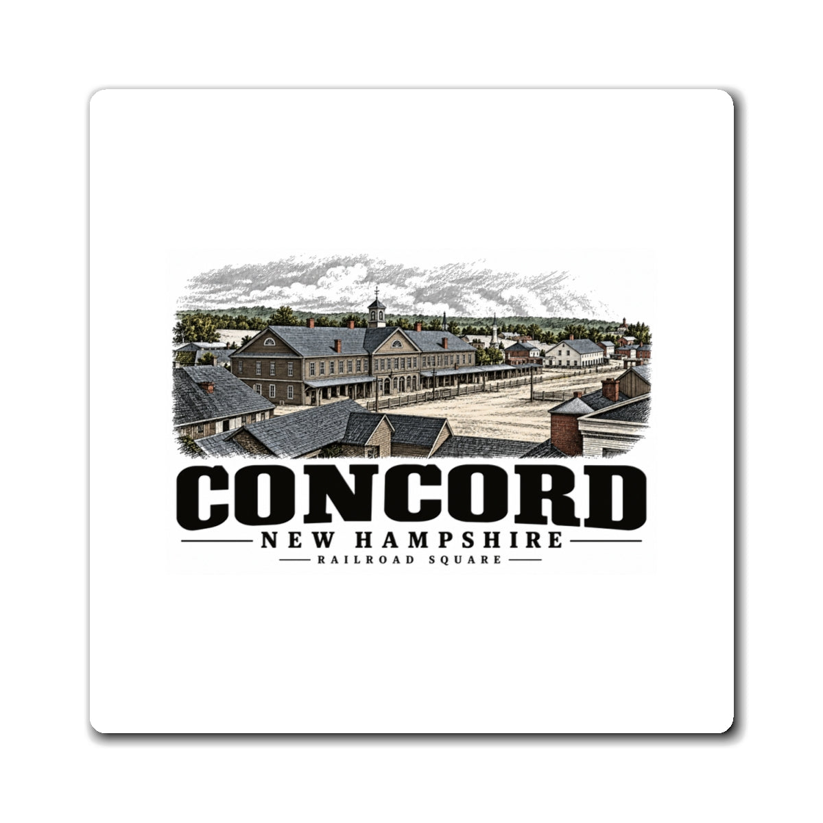 Front of Railroad Square square vinyl magnet, Concord, New Hampshire.