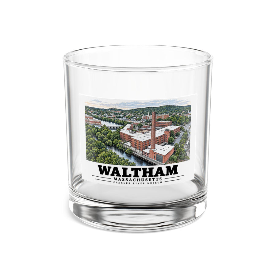 Front view of the clear rocks glass printed with Waltham Charles River Museum artwork.