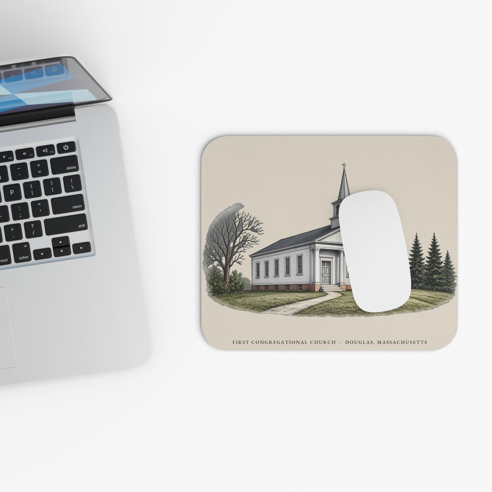 Douglas First Congregational Church mouse pad mockup showing the full illustrated print