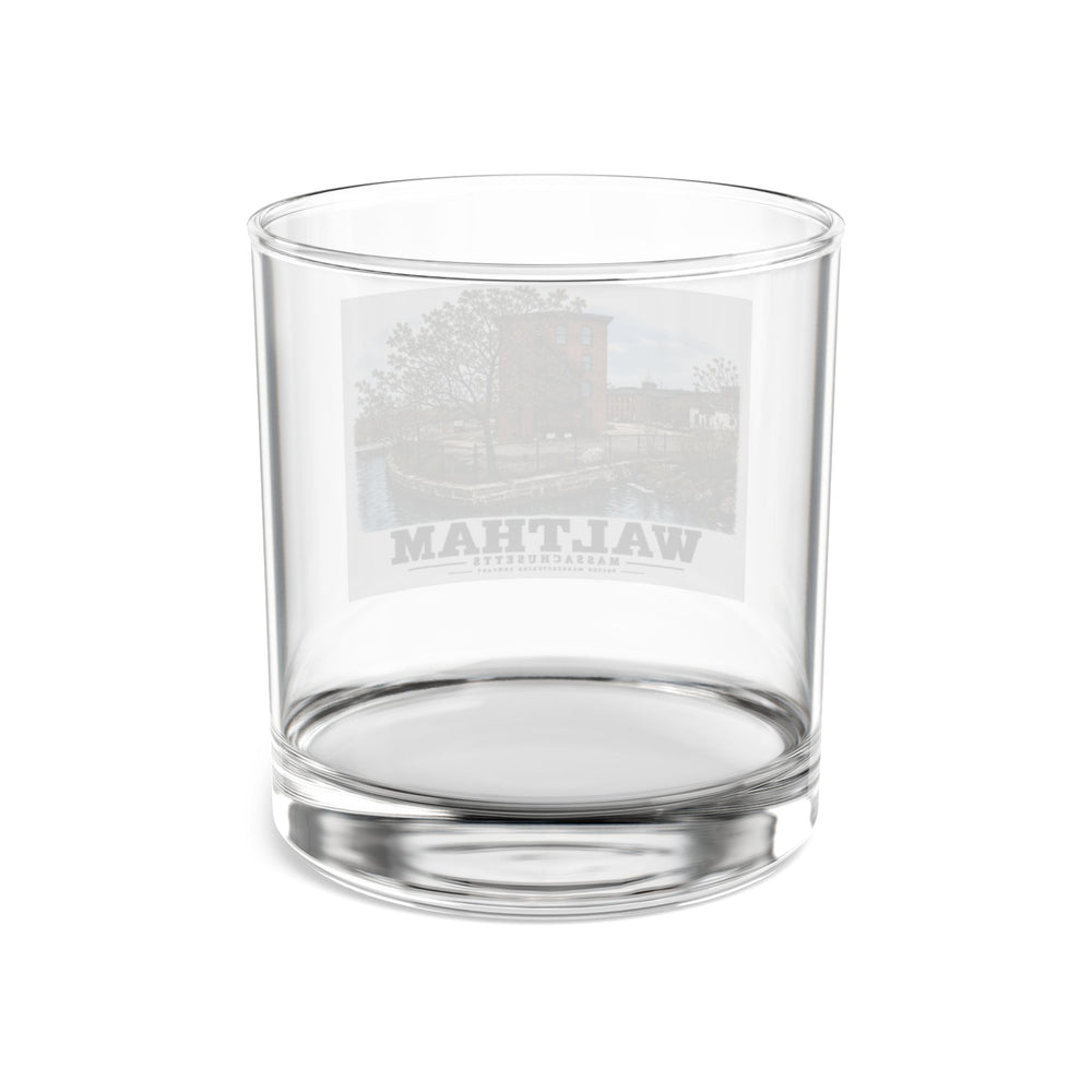 Illustrated Boston Manufacturing Company in Waltham on rocks glass