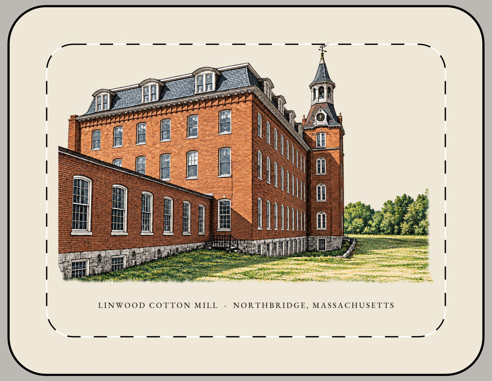 Northbridge Linwood Cotton Mill 15-inch laptop sleeve mockup showing the full illustrated print