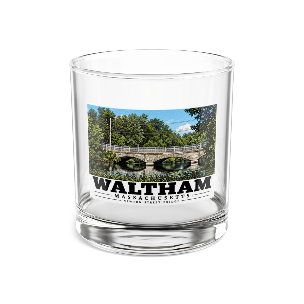 Front view of the clear rocks glass printed with Waltham Newton Street Bridge artwork.