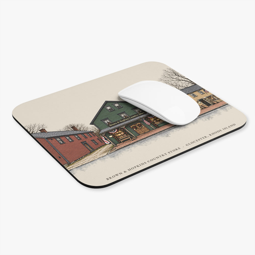 Glocester Brown & Hopkins Country Store, Chepachet mouse pad mockup showing the full illustrated print
