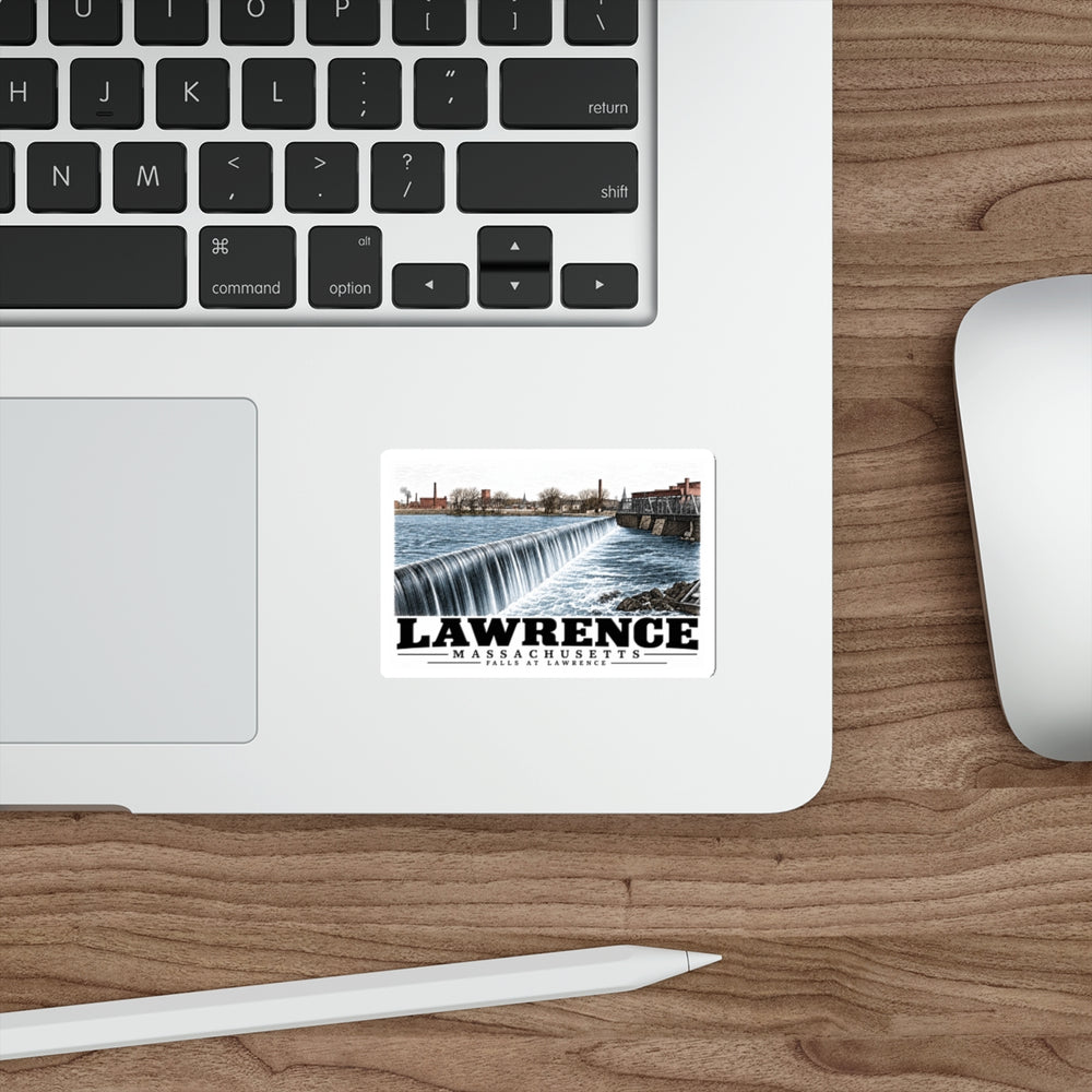Falls at Lawrence, Lawrence illustration on white die-cut sticker — on a laptop