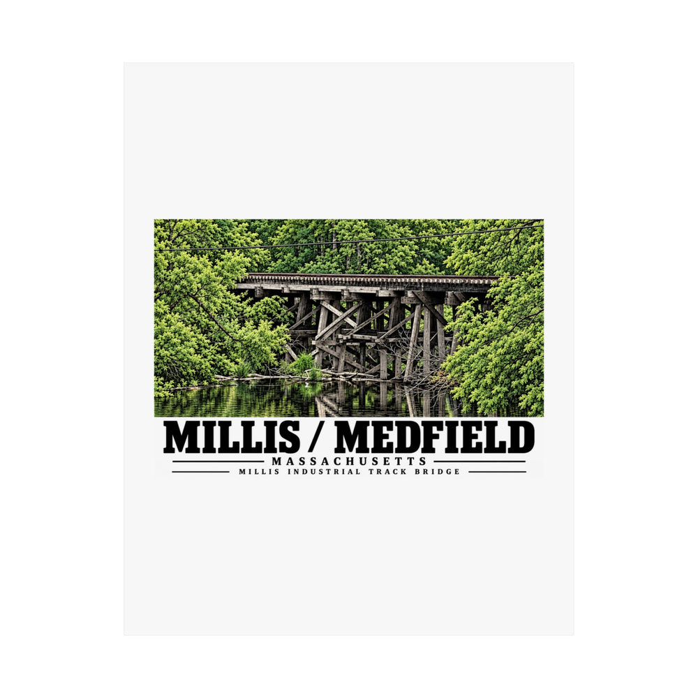 Flat Millis Industrial Track wooden railway trestle and green foliage poster with Millis/Medfield lettering