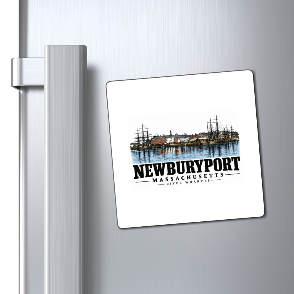 Refrigerator display of River Wharves square magnet, with Newburyport, Massachusetts artwork and lettering.