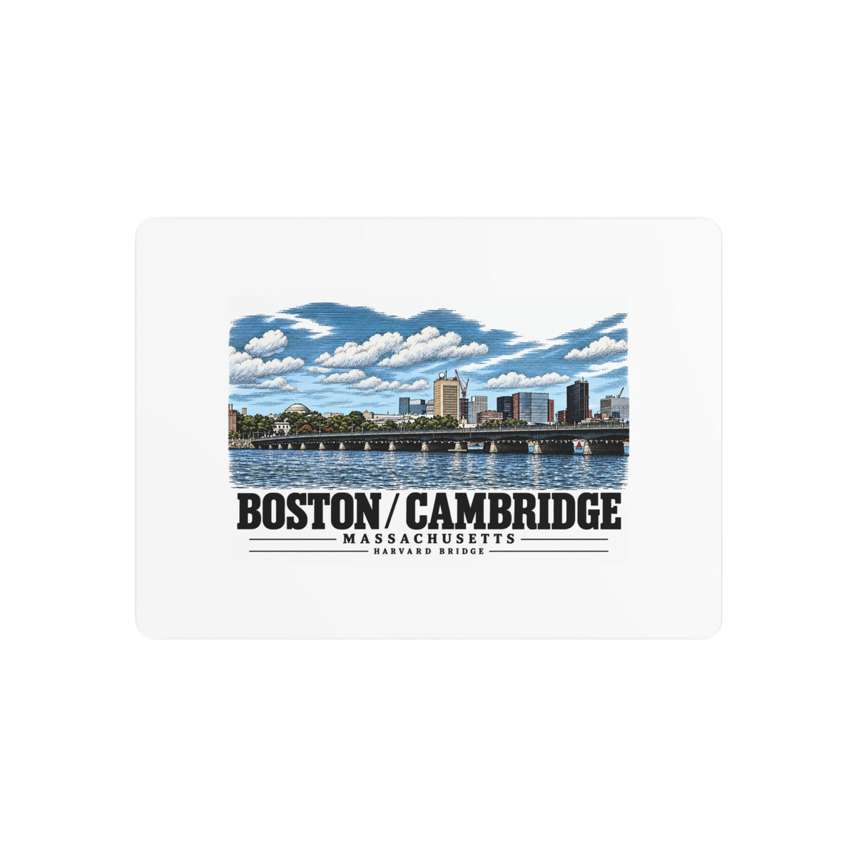 Metal wall print showing Harvard Bridge river and skyline view artwork and Boston/Cambridge lettering