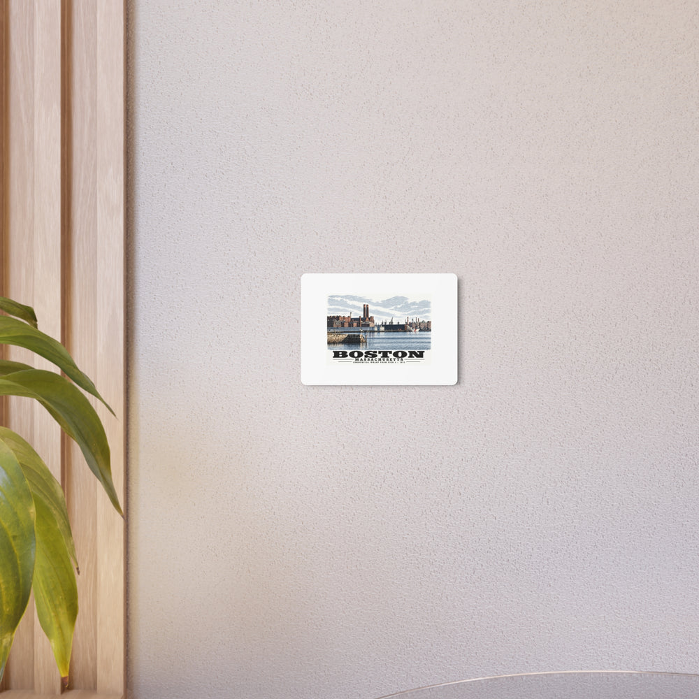 Commercial Wharf waterfront buildings, twin chimneys and harbor water metal print on a beige wall beside a plant