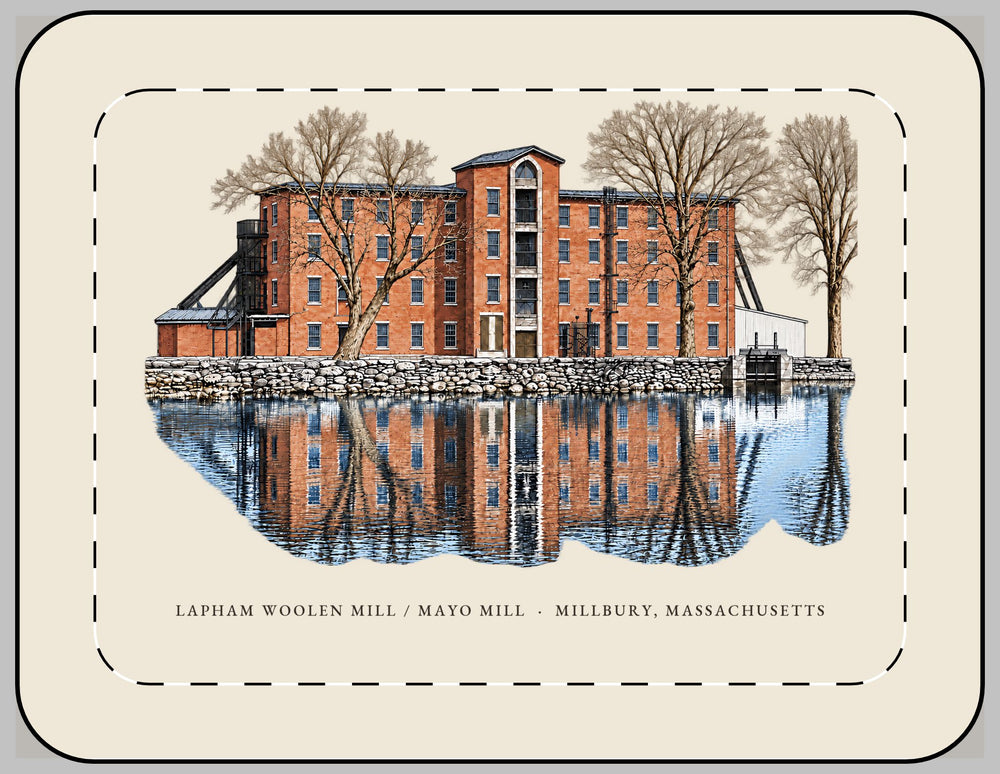 Millbury Lapham Woolen Mill / Mayo Mill 13-inch laptop sleeve mockup showing the full illustrated print