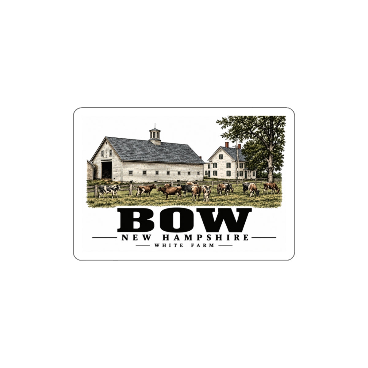 Front of White Farm Jersey Herd and Barns white die-cut sticker, Bow, New Hampshire.