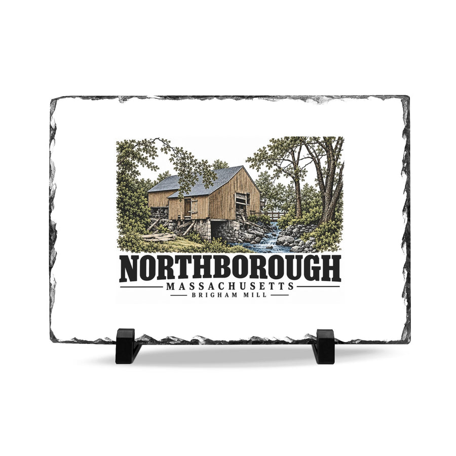 Illustrated Brigham Mill in Northborough on slate desk plaque
