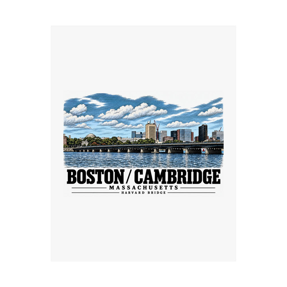 Flat Harvard Bridge river and skyline view poster with Boston/Cambridge lettering