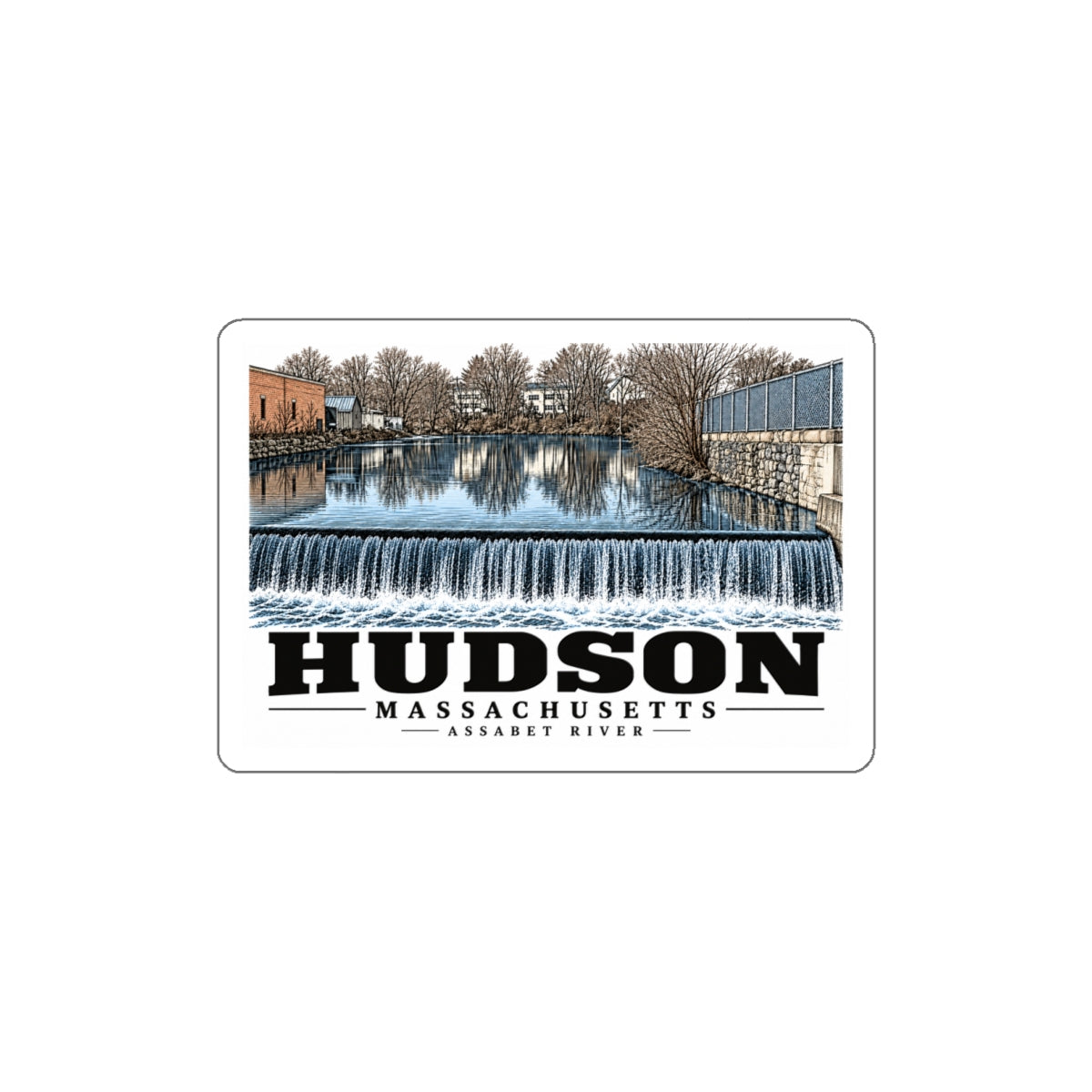 Illustrated Assabet River in Hudson on die-cut sticker