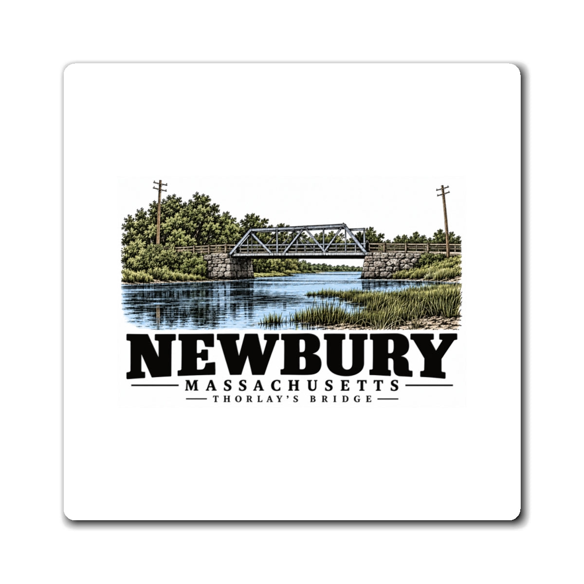 Front of Thurlow Bridge square vinyl magnet, Newbury, Massachusetts.
