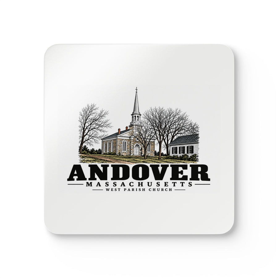 Andover West Parish Church exterior, frontispiece Cork Back Coaster Set - Merrimack Valley Goods