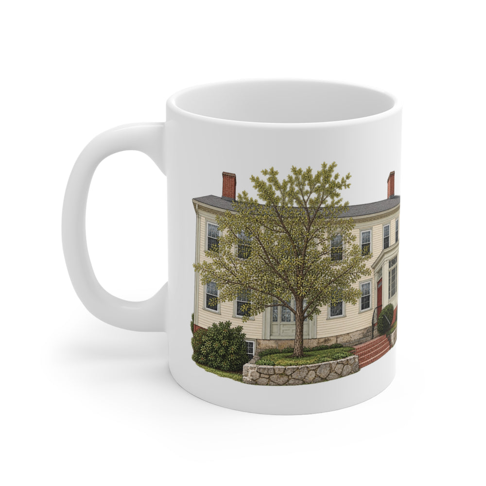 Burrillville Harrisville Historic District 11 oz ceramic mug — lettering view, handle right — Familiar History