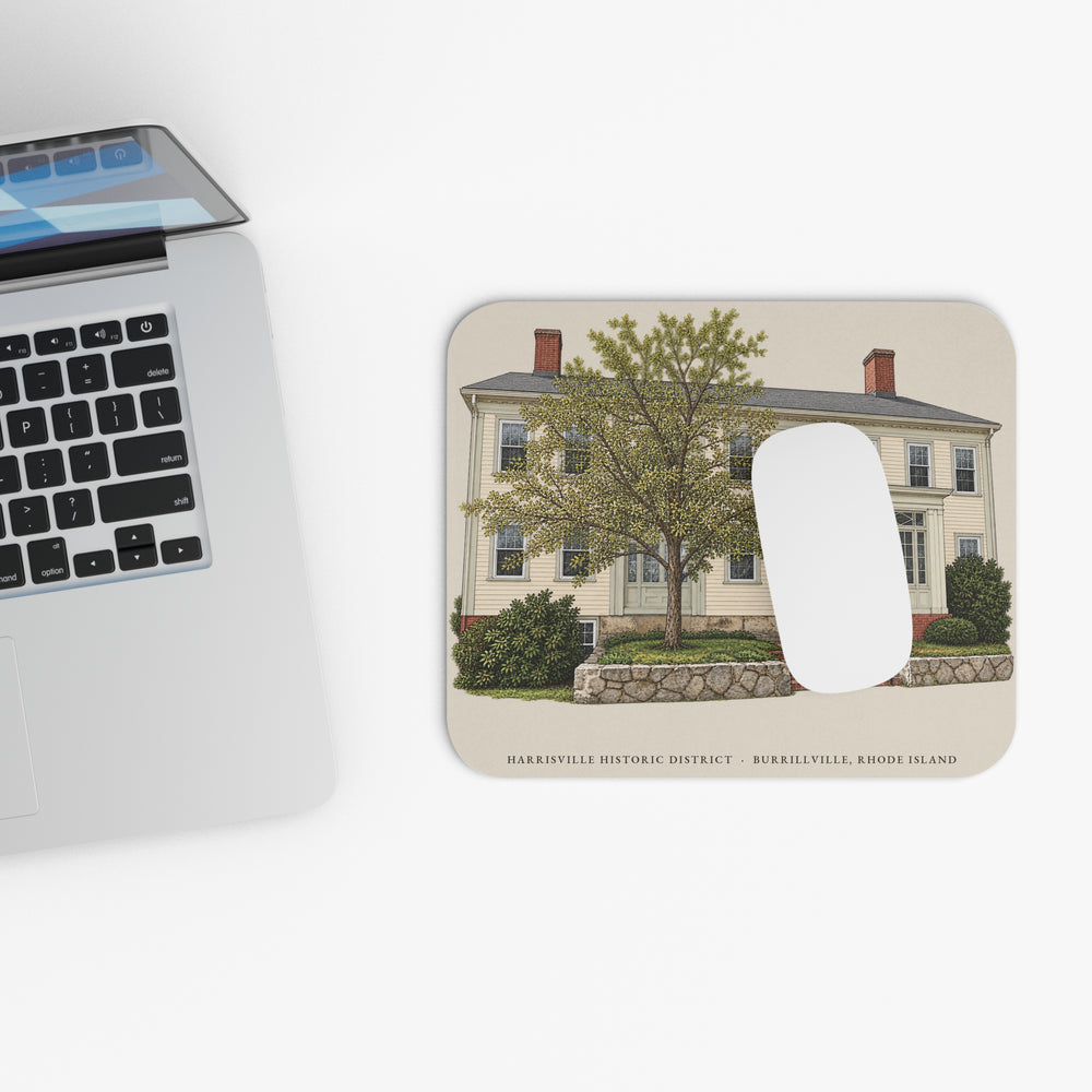Burrillville Harrisville Historic District mouse pad mockup showing the full illustrated print
